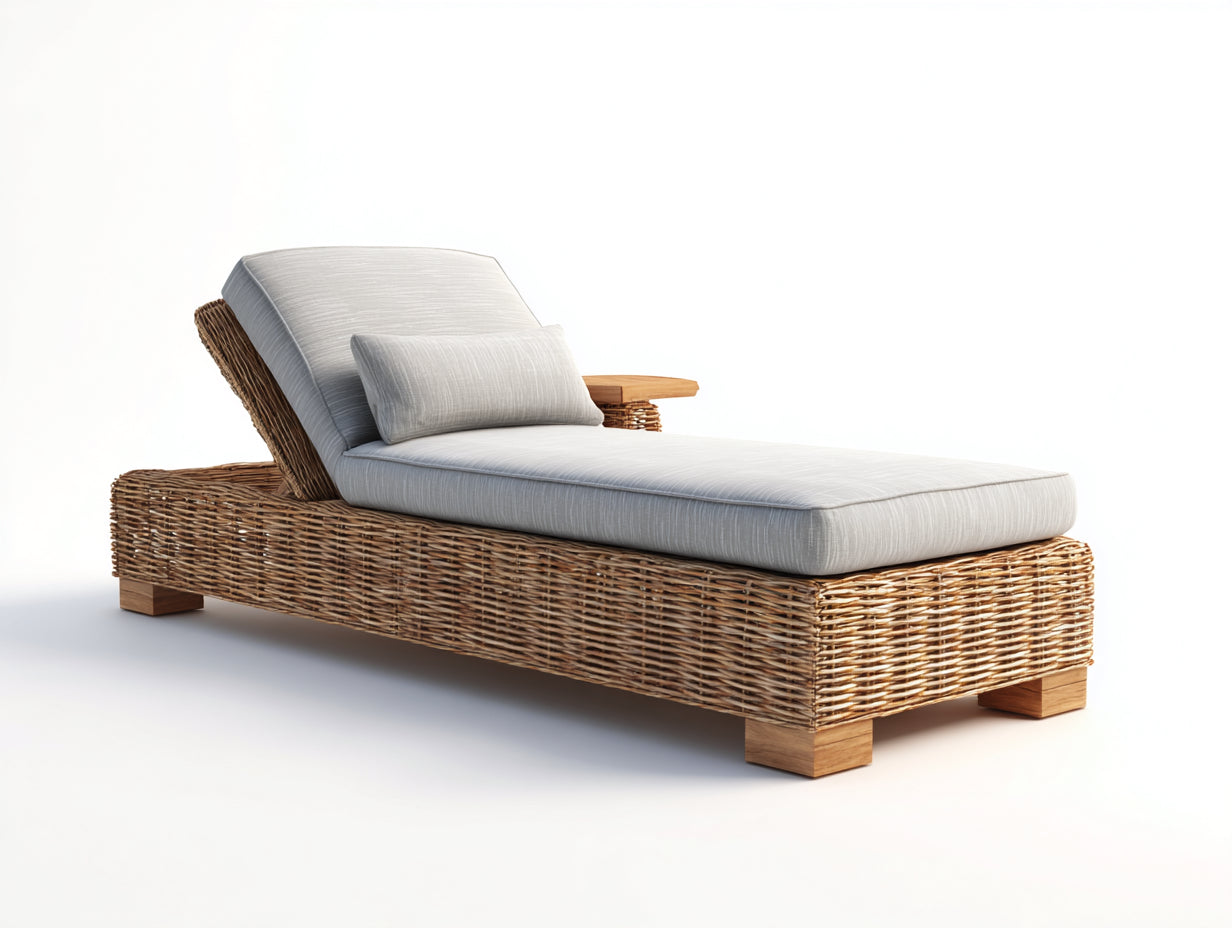 Bain de soleil - rotin-tissu-bois - 192x70x76 cm - gris-marron - naturel