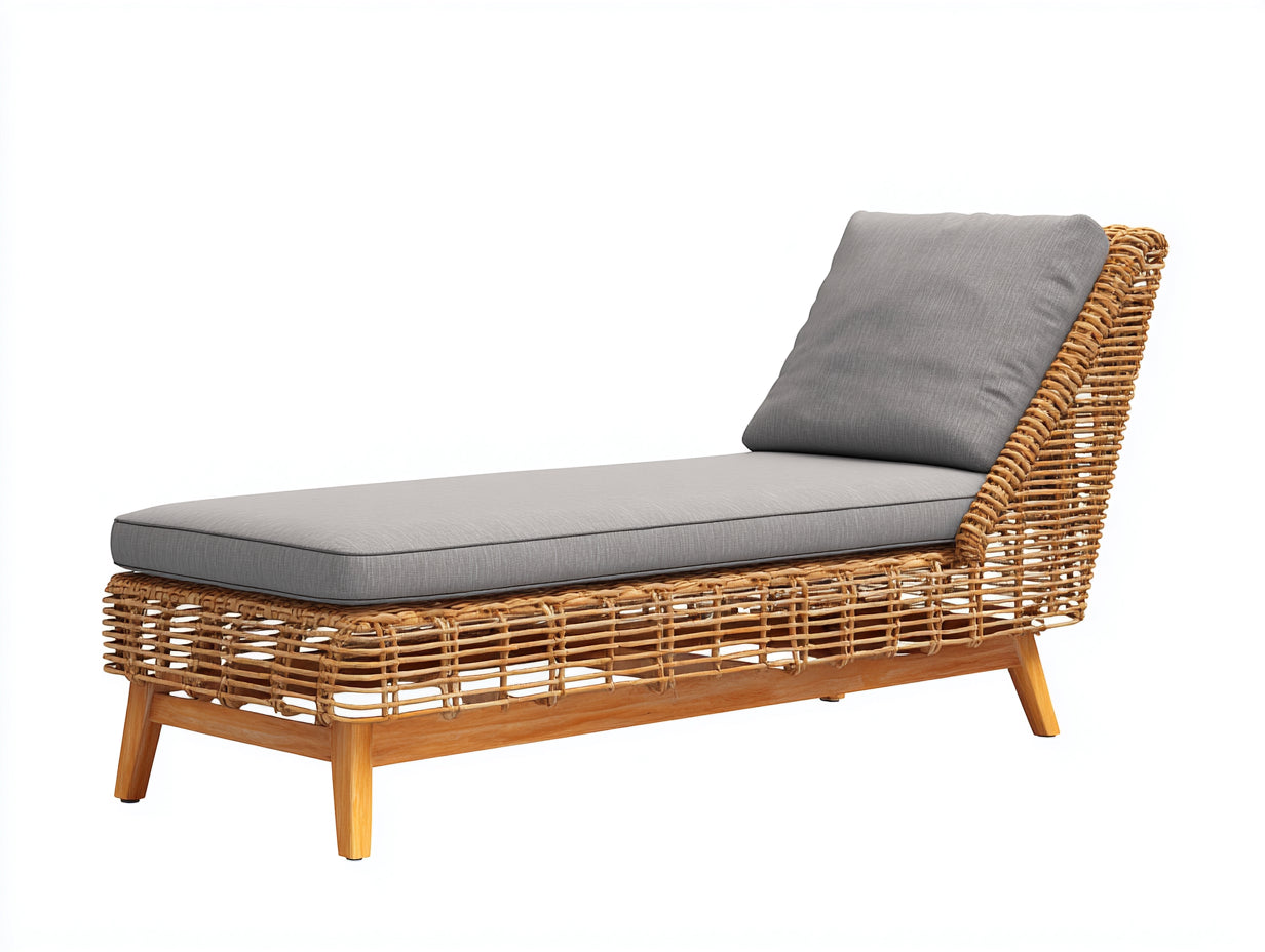 Bain de soleil - rotin-tissu-bois - 186x70x76 cm - gris-marron - rustique