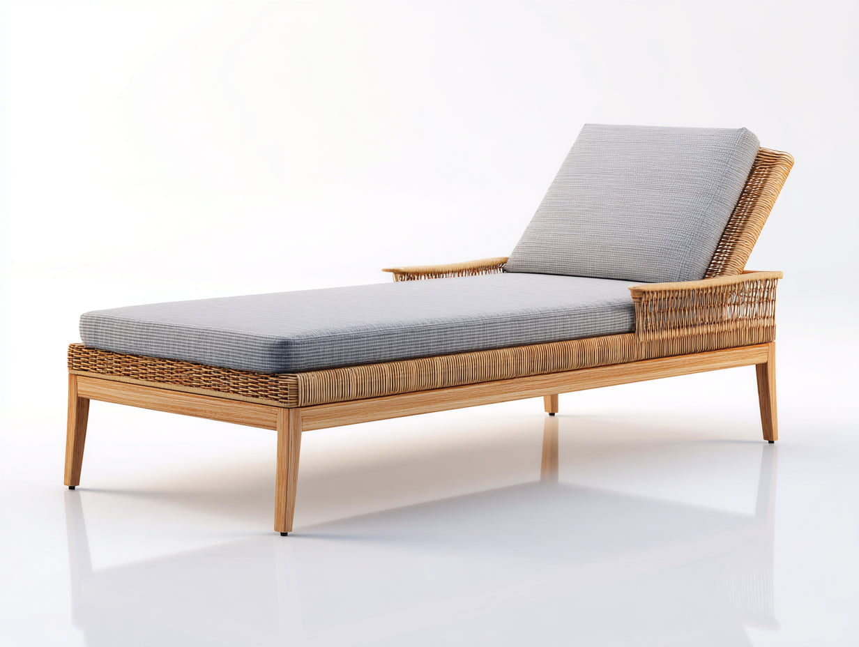 Bain de soleil - rotin-tissu-bois - 190x68x78 cm - gris-marron - naturel