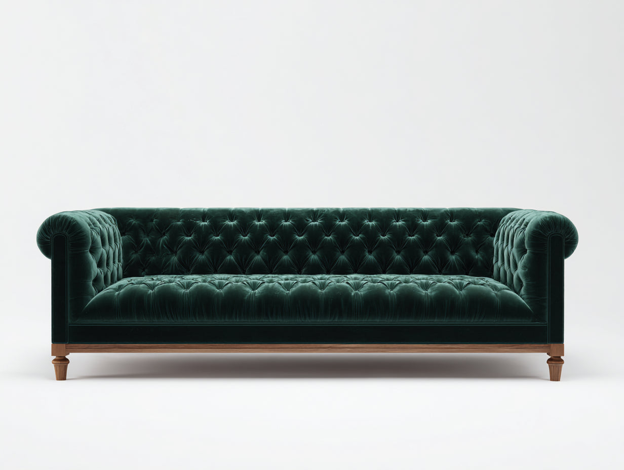 Canapé 3 places - velours-bois - 226x88x76 cm - vert foncé-marron - chesterfield