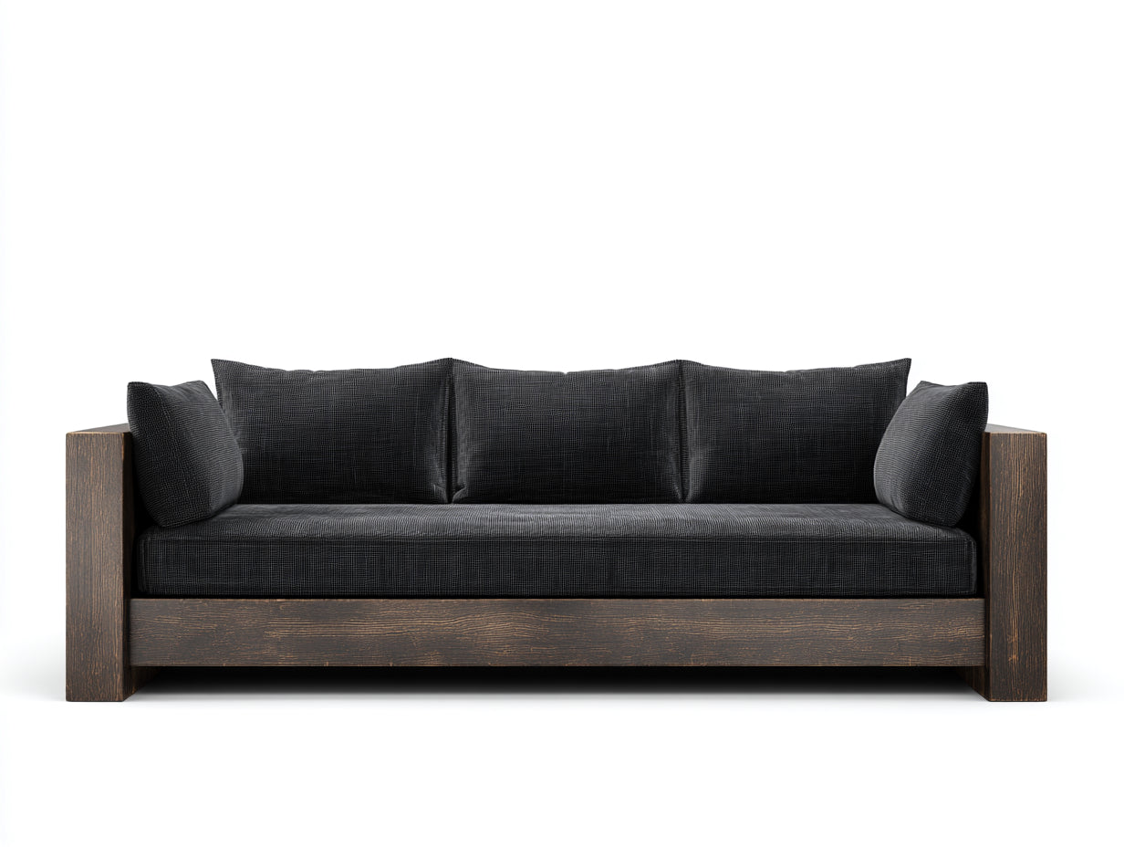 Canapé 3 places - tissu-bois - 224x90x76 cm - noir-marron - minimaliste