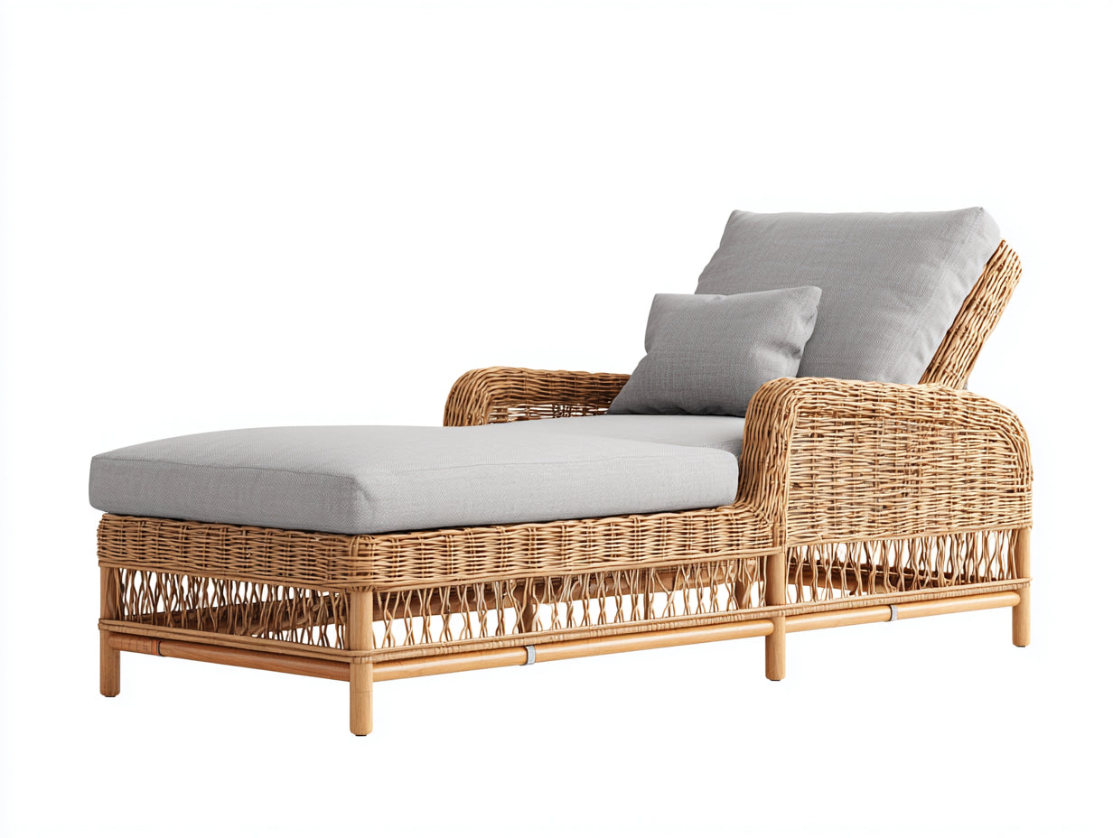 Bain de soleil - rotin-tissu-bambou - 185x73x80 cm - gris-marron - bohème