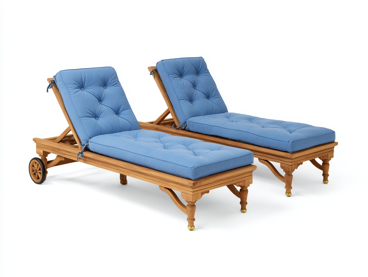 Bain de soleil - bois-tissu - 198x67x88 cm - bleu-marron - vintage