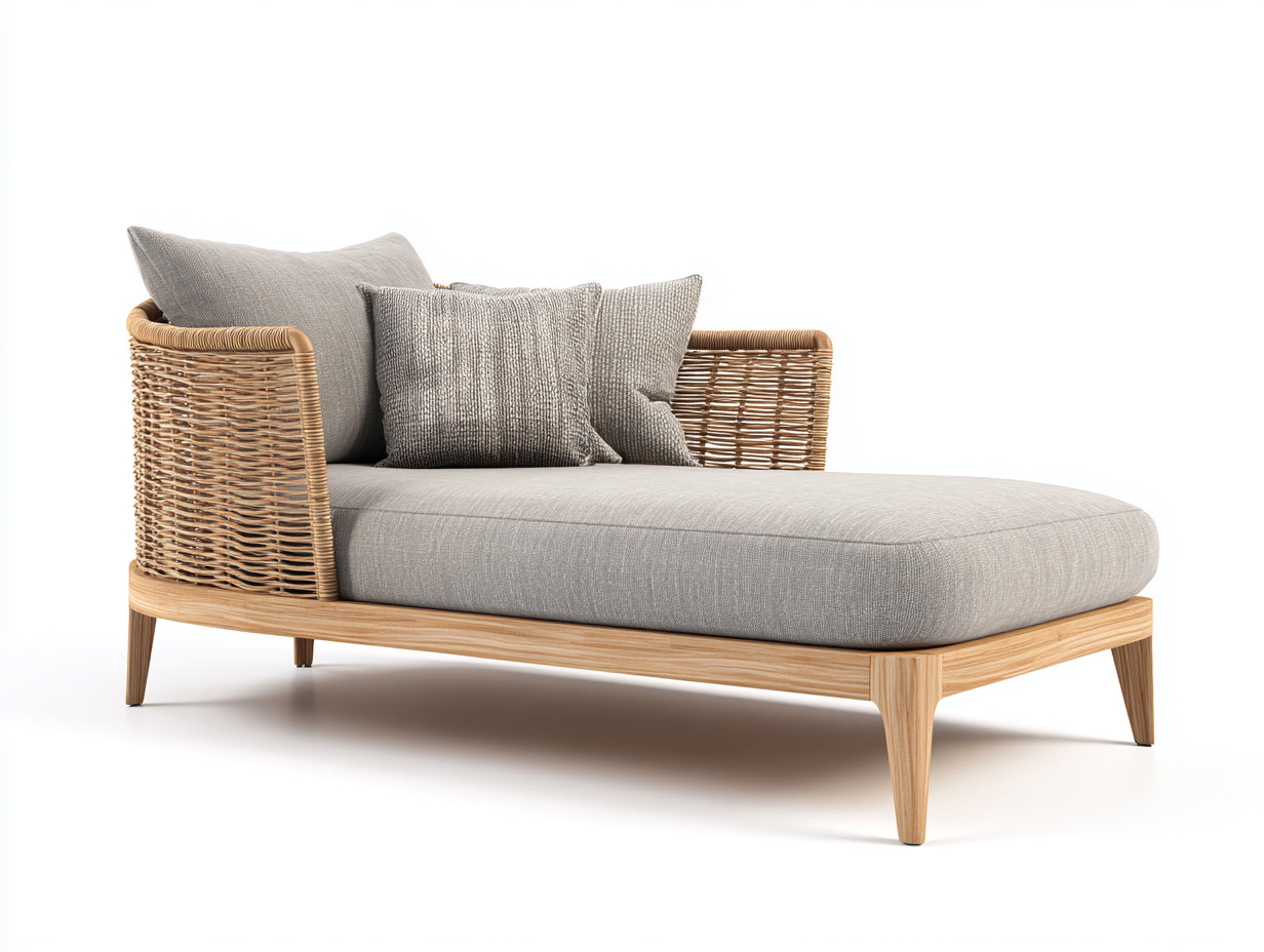 Bain de soleil - rotin-tissu-bois - 188x74x78 cm - gris-marron - naturel