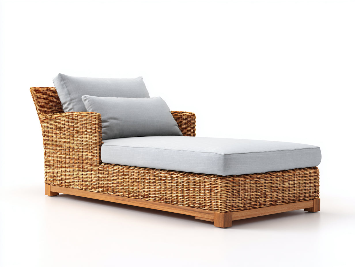 Bain de soleil - rotin-tissu-bois - 188x75x82 cm - gris-marron - rustique